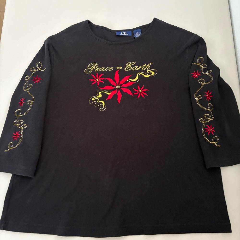 CB Casual Black Peace on Earth Poinsettia Embroidered 3/4 Sleeve Top‎ XL Holiday